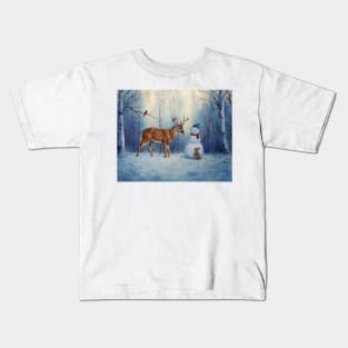 Funny Deer Eating Carrot Nose of Christmas Snowman Kids T-Shirt